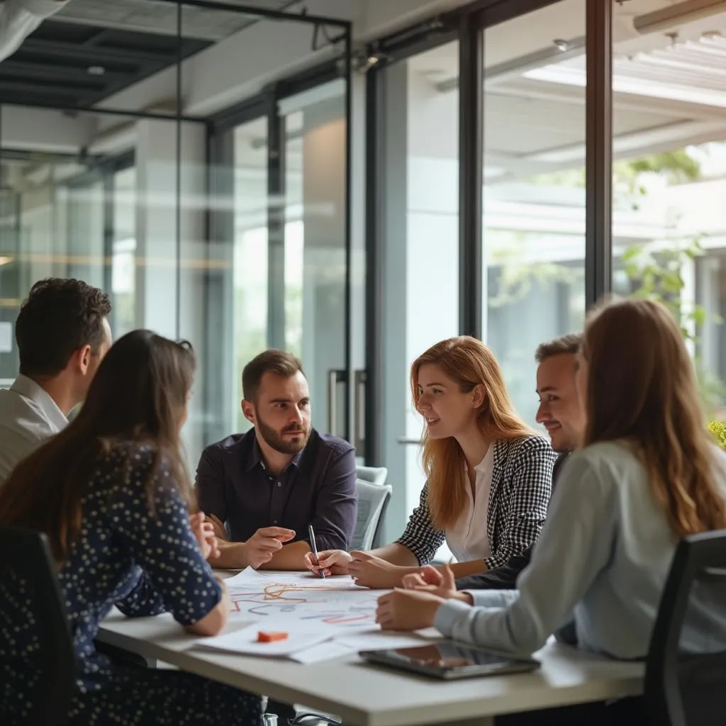 Preapplies team collaborating in a modern office