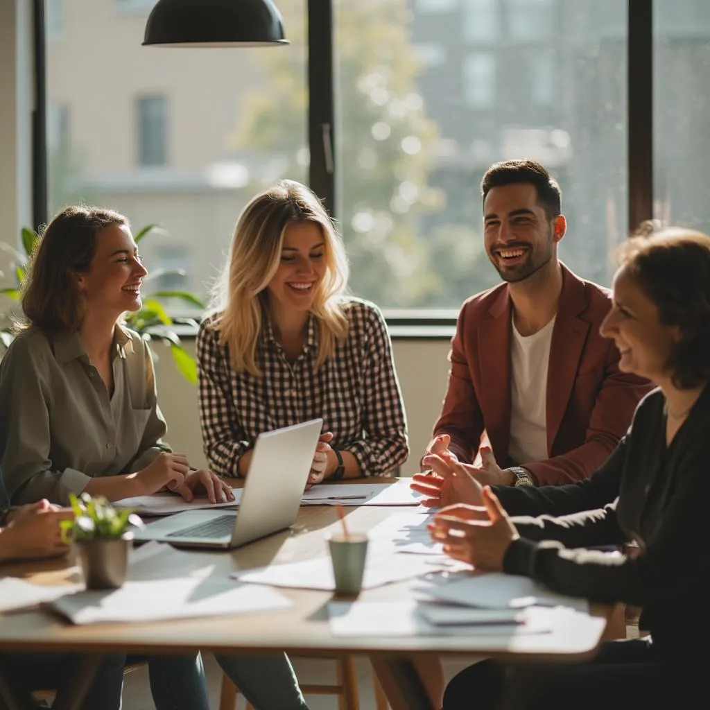 Diverse team working together in a bright office